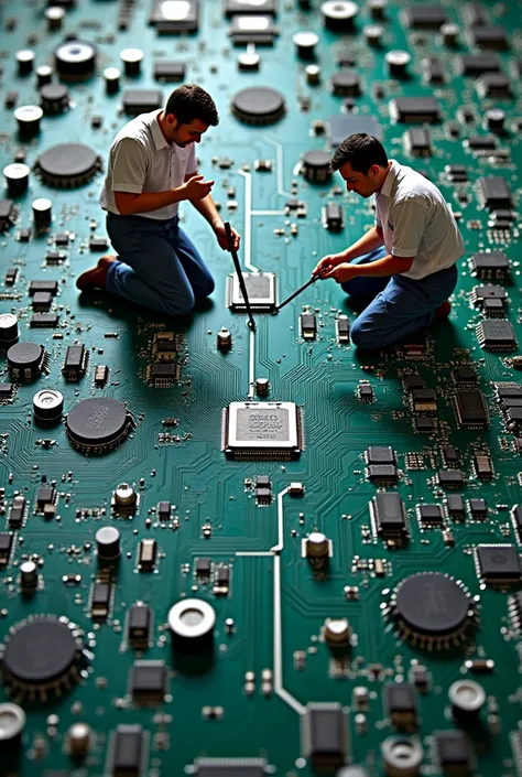 a giant washing machine circuit board, each worker navigating the labyrinth of wires and components. With one hand holding a screwdriver the size of a sword, they carefully replace the tiny chips, their movements both precise and graceful.