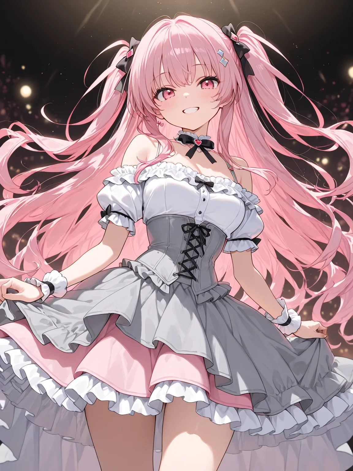 (masterpiece, best quality, extremely detailed), 
1girl, pink hair, very long hair, two side up, pink eyes, white shirt, off-shoulder shirt, layered clothes, puffy short sleeves, frilled skirt, pink skirt, grey skirt, high-low skirt, frills, grey corset, w...