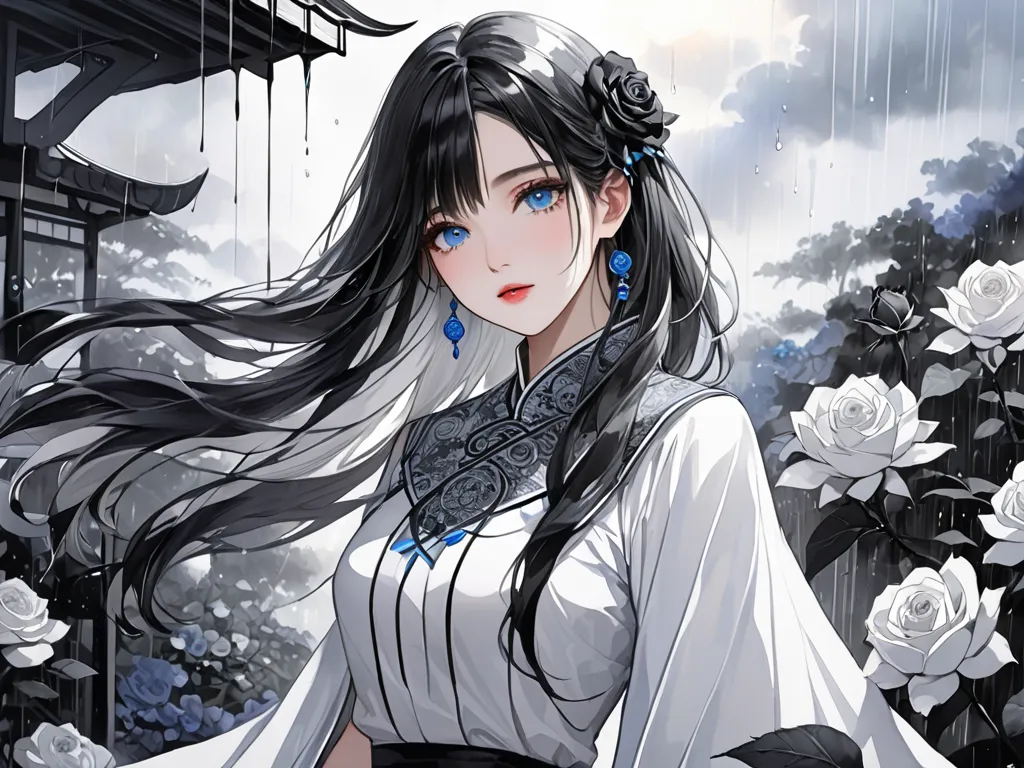  The combination of ink and watercolor painting、woman with beautiful oriental face、long glossy black and white hair 、has blue eyes, heavy rain sky, best quality、Masterpiece、Black Rose Garden, white skirt background, Face up to the sun