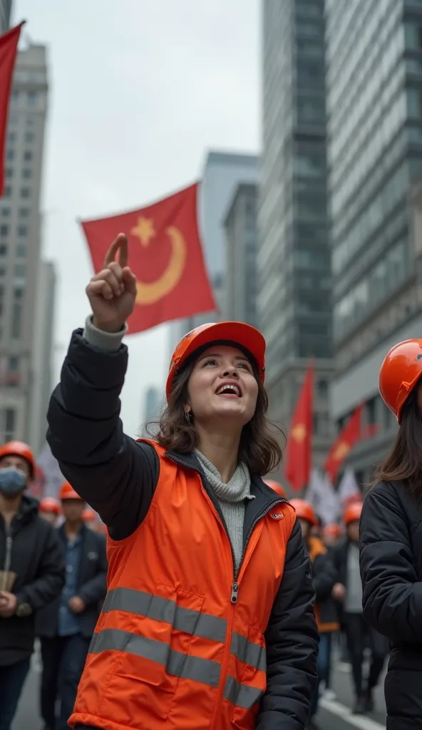 A female Korean worker shouts at a company on strike in the middle of the city