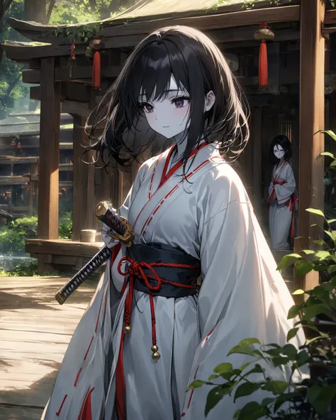 a human young girl, 1.65 meters tall, slim body, medium breasts, long black hair, black eyes, white skin, beautiful face. Wearing the shrine maiden attire. hold a katana on hand
