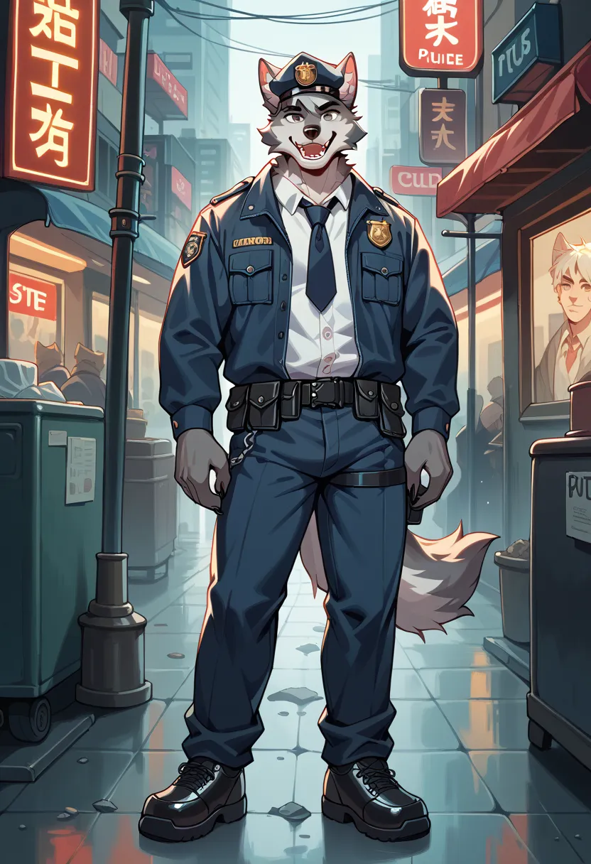 alone, Wolf Ears ,furry male,Wolf Boy,Age,thin, gray hair ,Grey Fur,Wearing a neon sign , grey eyes ,painting,furry, huge file size ,checkered,wallpaper,shorten:2,Fisheye:2,leather shoes,精thin,Wear a police uniform ,Busy city,