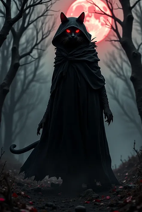 A dark sorcerer cat of the shadows, evil and humanoid, standing on two legs. He wears a long black cloak with a hood, that covers most of his face, leaving only the red eyes to shine brightly in the dark. Her body is jointed and agile, with sharp claws and...