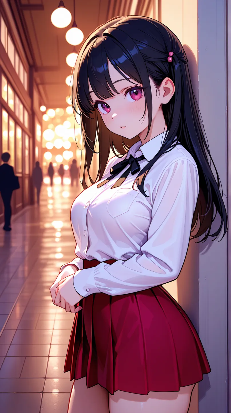 masterpiece、High Resolution、high quality、extremely detailed、red miniskirt、black ribbon、white shirt、 black hair、curvy silhouette、 Close、graceful behavior、attractive look、 has a neat appearance 、Elegant Atmosphere、Realism with attention to detail、 exquisite ...