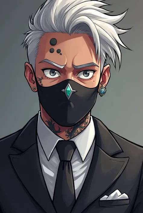 Cartoon character in a suit, Black mask covering the mouth and nose without straps and with a triangular stone on the tip of the mask where the nose would be without it covering the eyes,  and white hair, white eyes some tattoos on the face and earring on ...