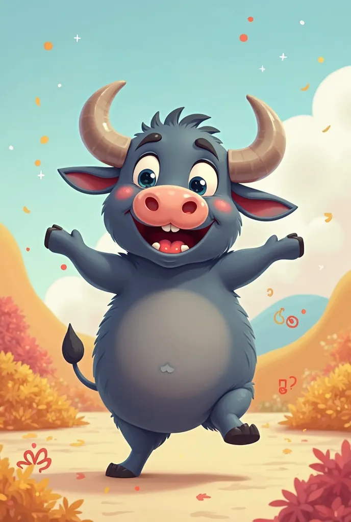 Create an image of cute, funny water buffalow dancing and smiling, cartoon annimation