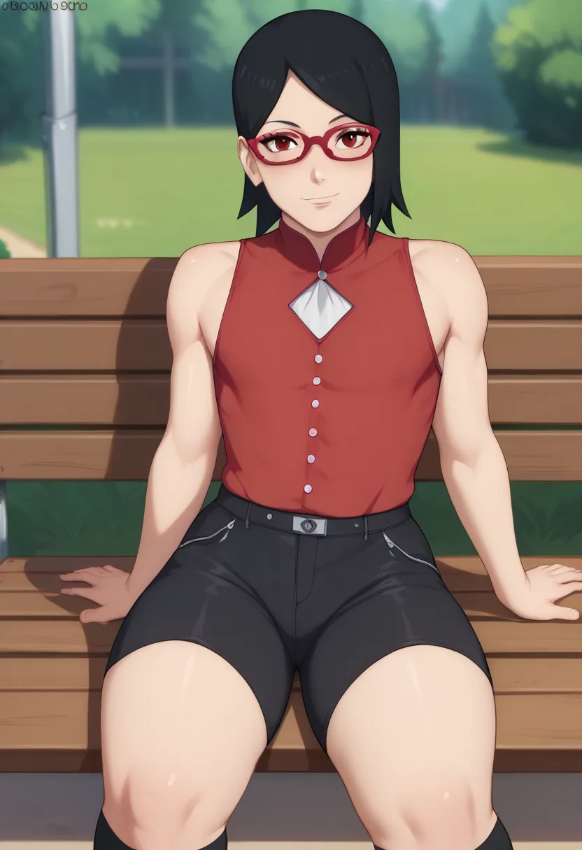 Sarado Uchiha , Short black hair red glasses look at the black medium tits red sleeveless blouse and the man's healed black shorts thick bedspreads socks on the black hand covering the elbow and black socks on the legs thick thighs sitting on the bench in ...