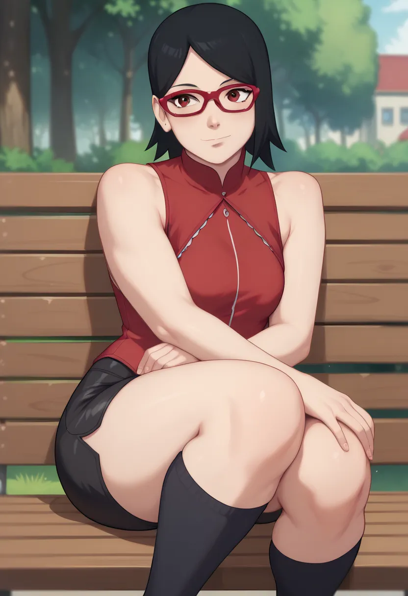 Sarado Uchiha , Short black hair red glasses look at the black medium tits red sleeveless blouse and the man's healed black shorts thick bedspreads socks on the black hand covering the elbow and black socks on the legs thick thighs sitting on the bench in ...