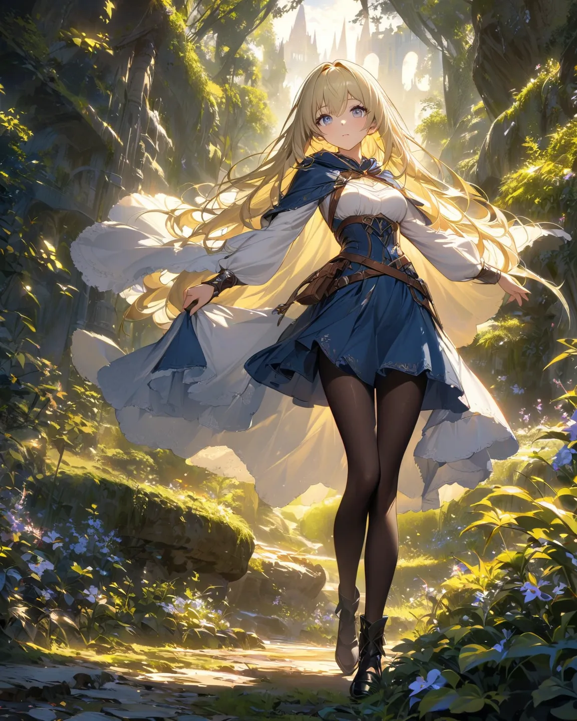 a human young princess, 1.65 meters tall, slim body, medium breasts, long light yellow hair, silver eyes, white skin, beautiful face. Wearing the archer clothes with white shirt, blue skirt, black pantyhose, black shoes, cloak. Medieval fantasy world.
