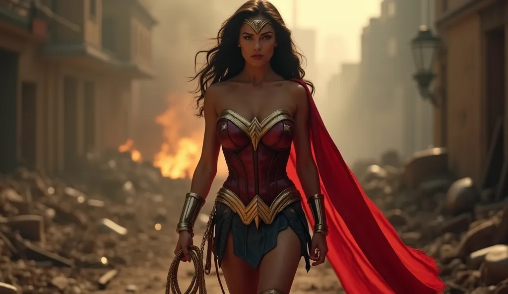 A cinematic, hyper-realistic scene of Wonder Woman in the 1940s, standing in the shadows of a war-torn city, exuding both lethal power and overwhelming sensuality. Her plunging, strapless red corset tightly hugs her enormous, perfect breasts, accentuating ...