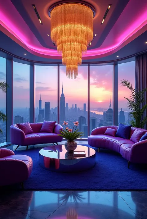 A luxurious penthouse with floor-to-ceiling windows, sleek modern furniture in neon blue and purple accents, golden chandeliers, and a sweeping city skyline view at sunset.
