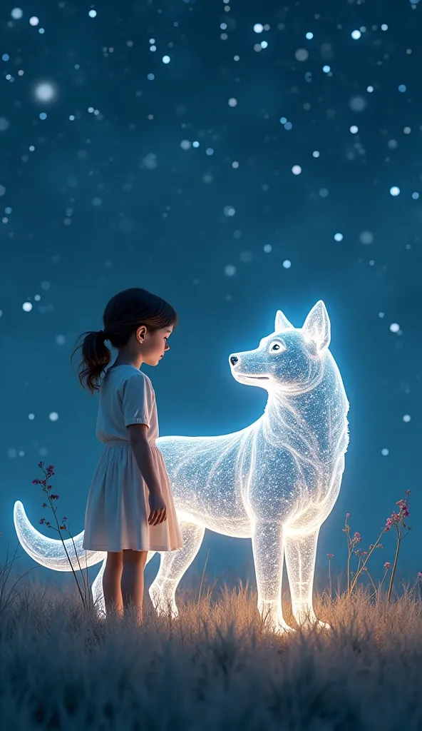 A dog and a girl, on a meadow, the dog's body is turning to glass, the girl's body is glowing faintly, late night, the stars sparkle, a cold wind