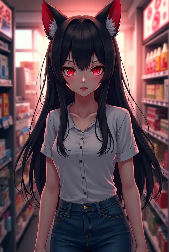 Kitsune with black hair anime girl  dressed in a shirt and jeans There are red eyes in the store