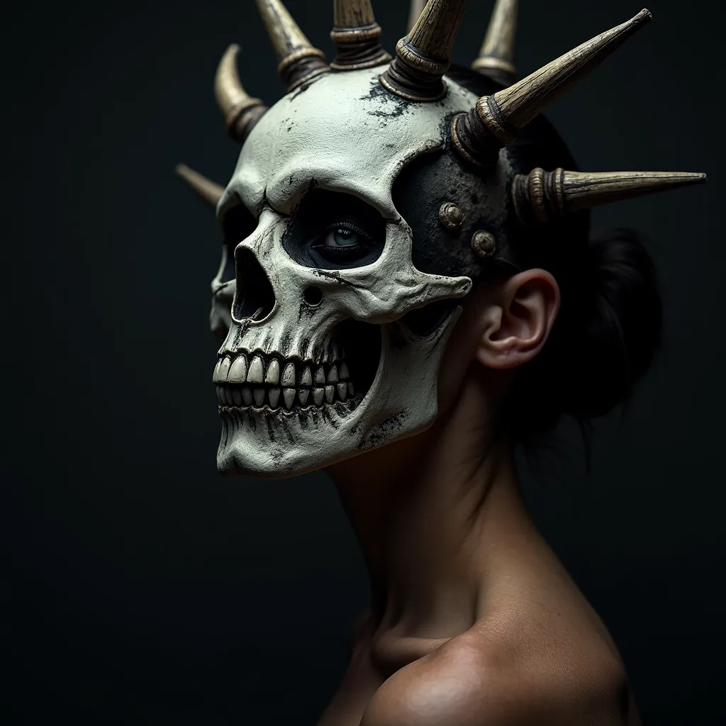 (Best Quality,high resolution,Masterpiece, side view:1.2),Ultra-detailed, close up portrait photography of a woman wearing a creepy skull mask with spikes, tribal, ultra detailed, uhd, eerie aesthetic, marked contrasts, turning her head to the camera