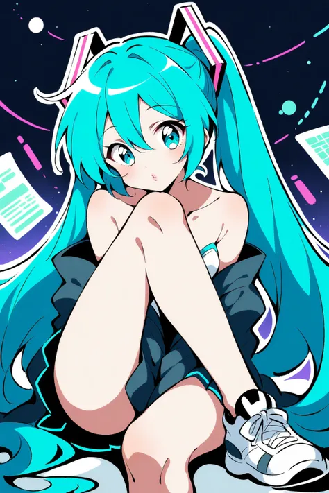 (has the best quality, sketch:1.2),practical, illustration designer  ,cunning，1 girl,   Hatsune Miku  ， delicate lips , hand， strapless， Neon long hair  ,  high ponytail green  ， skirt， Put your foot on the sound，sneakers。 masterpiece,  This style is very ...