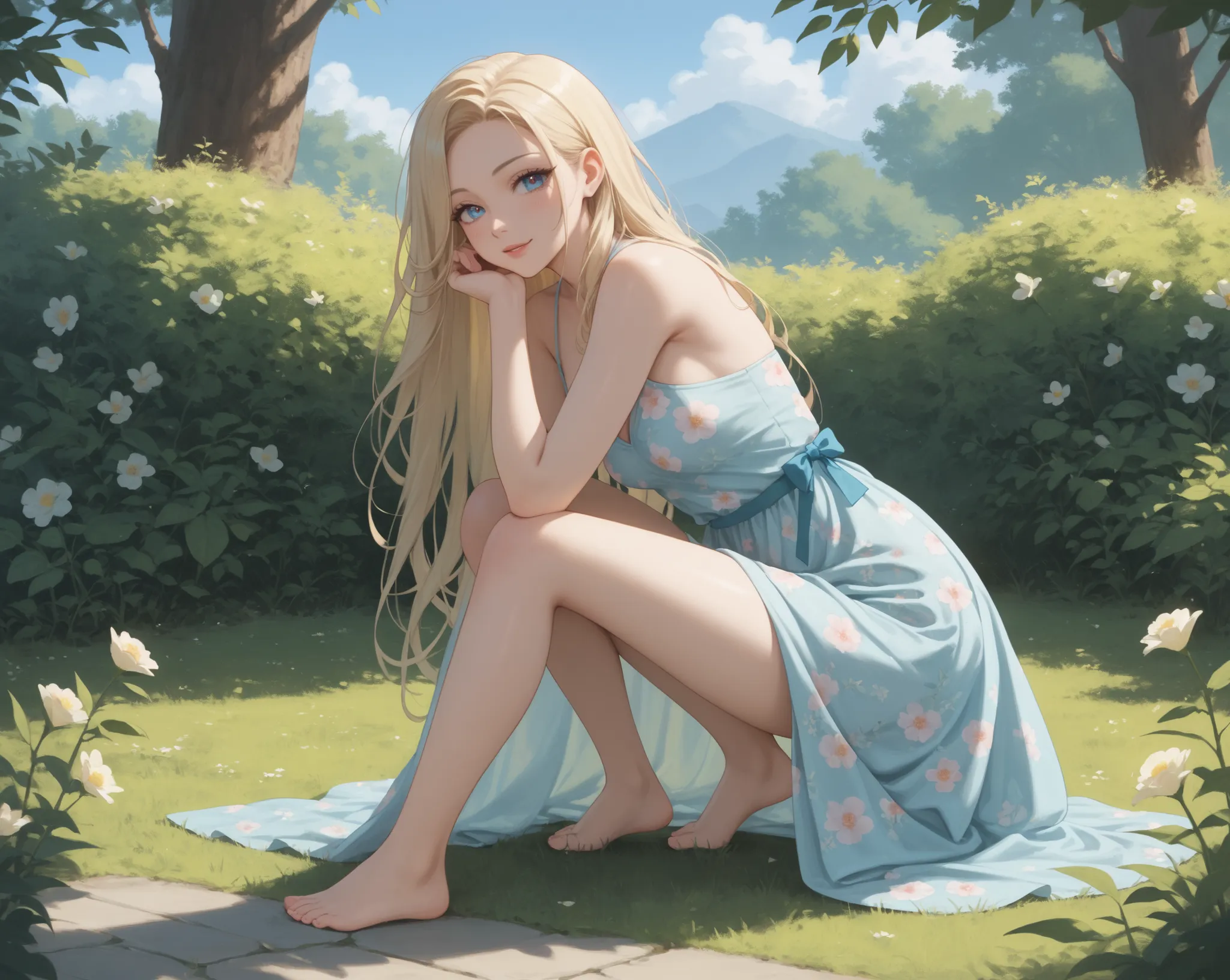 ((best quality, 8k, masterpiece: 1.3)), 1 girl crouching,  slender beauty : 1.3, (long hair: 1.2),  floral dress, long legs: 1.1,  super fine, beautiful eyes, Double Eye Lid, Outdoors