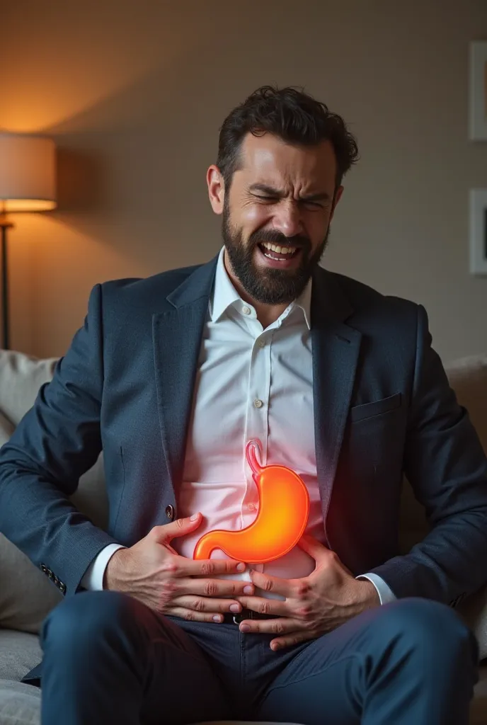 A well-dressed man in his early 30s sits on a couch with a pained expression, clearly indicating severe stomach acidity. His posture is tense, with hands resting beside him, ensuring his slightly enlarged, semi-transparent stomach is unobstructed and clear...