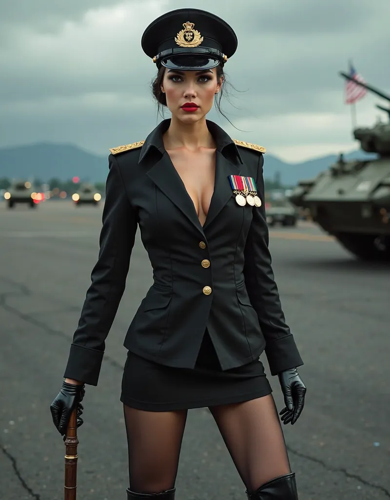 hot female military commander, strict and seductive expression, tight black military uniform, deep v-cut jacket, gold epaulettes, polished medals, short black skirt, sheer black pantyhose, glossy black leather boots, sleek officer’s hat, riding crop, long ...