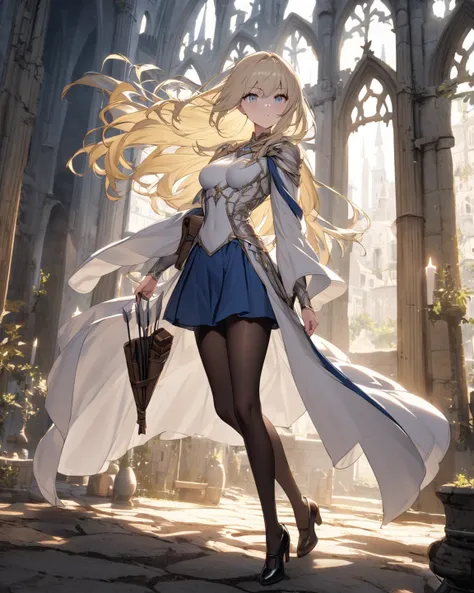 a human young princess, 1.65 meters tall, slim body, medium breasts, long light yellow hair, silver eyes, white skin, beautiful face. Wearing the archer clothes with white shirt, blue skirt, black pantyhose, black shoes, cloak. Medieval fantasy world. hold...