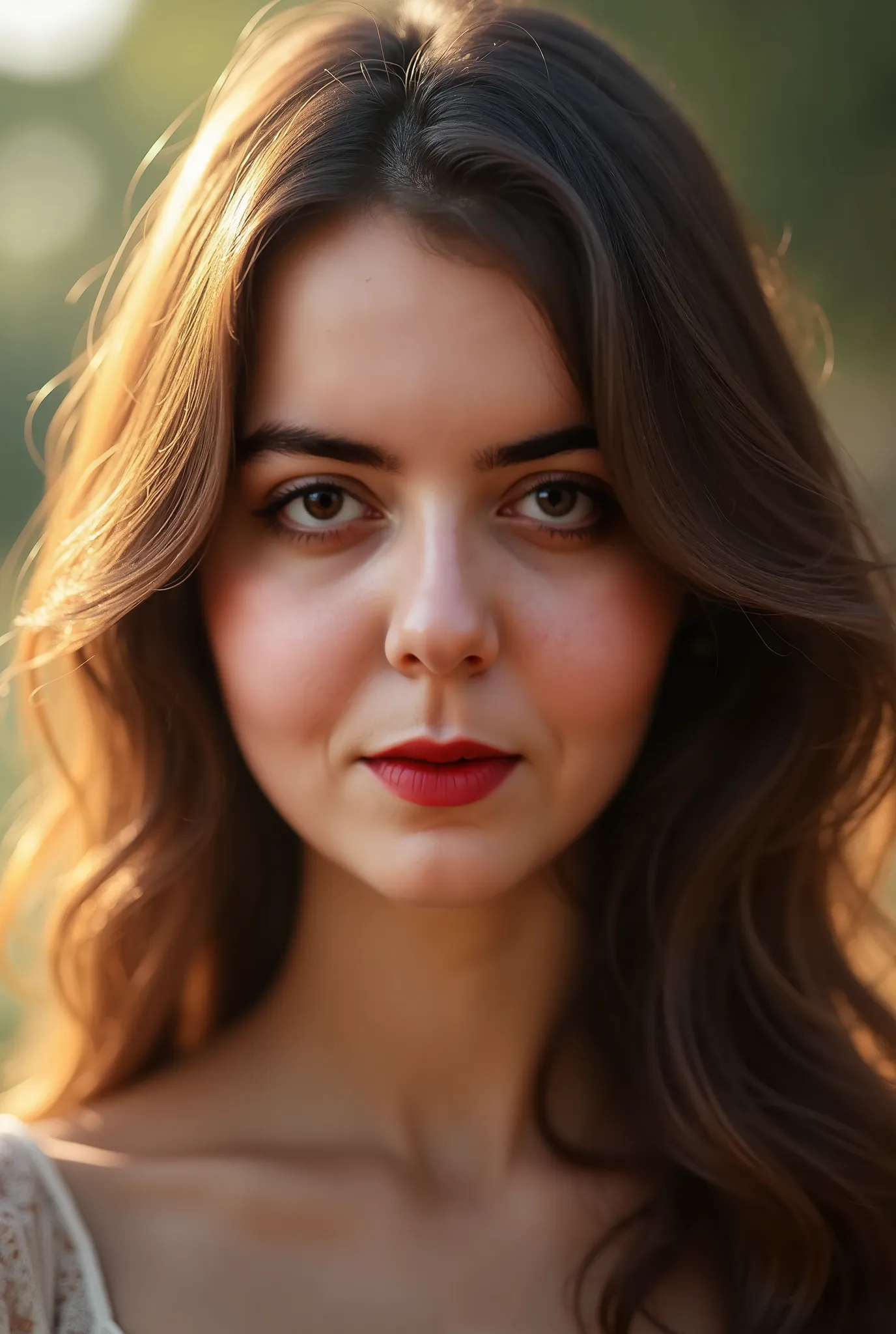 A realistic digital portrait of a young woman looking directly at the camera, with soft natural lighting highlighting her facial features. She has long, slightly wavy hair cascading over her shoulders. Her expression is calm and confident, with well-define...