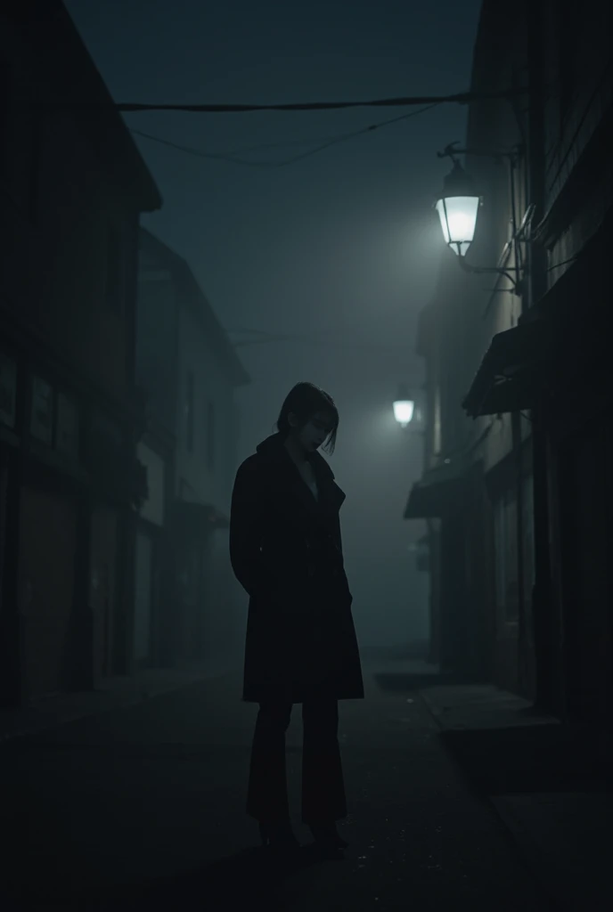 (Masterpiece, best quality, ultra-detailed, cinematic lighting, atmospheric perspective, moody noir tones, storytelling composition, expressive mood.)

A solitary woman stands beneath the dim glow of a flickering streetlamp, her figure bathed in soft golde...