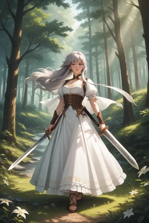 Beautiful girl with dark eyes, gray hair, holding a young sword in the forest anime Wind holding a sword in the forest, waving a long-haired sword