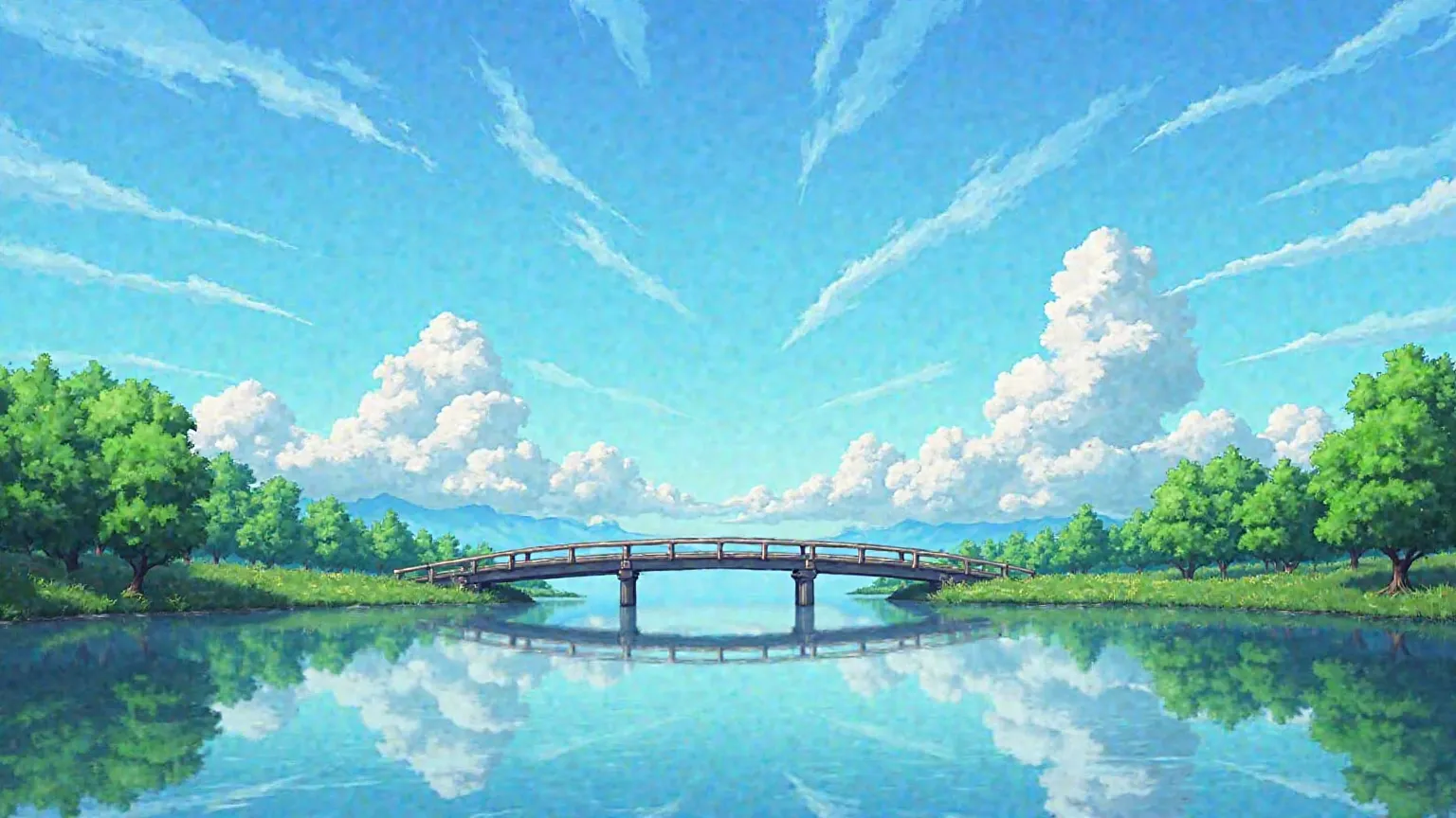 Anime Landscape of a bridge over a river with a sky background, beautiful Anime Landscape, Anime Landscape wallpaper, Anime Landscape, Anime Nature, Anime Nature wallpap, Anime Landscape, Anime Background art, Anime Background, Beautiful and peaceful scene...