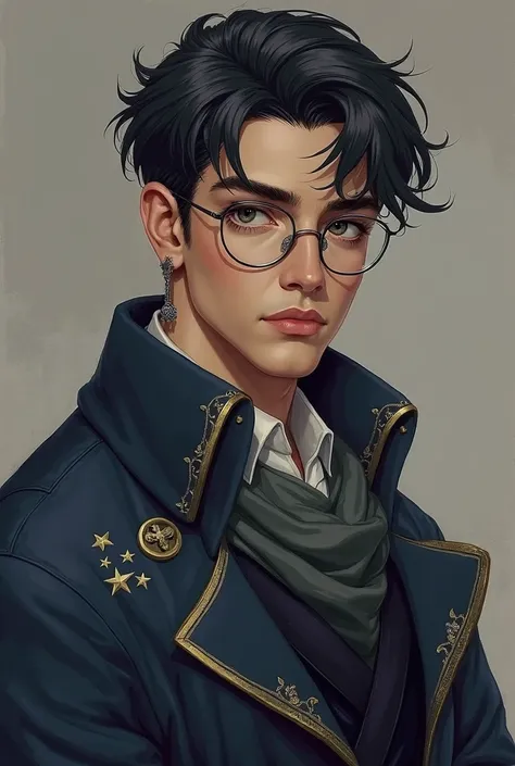 Prince Asterion, a young man, exudes quiet intellect, with neatly kept dark hair, silver-gray eyes, and signature silver-rimmed glasses.  He has a subtle star shaped earring. He wears tailored navy and charcoal robes adorned with subtle star embroidery, pa...