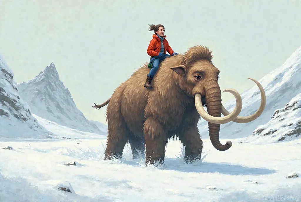 A  wearing red jacket and a blue trouser is on a mammoth’ back in snowy background.

It should a realistic cartoon