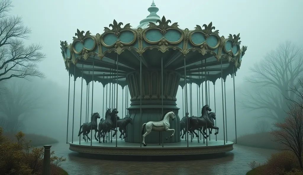 The carousel moves despite no electricity, surrounded by eerie mist.
