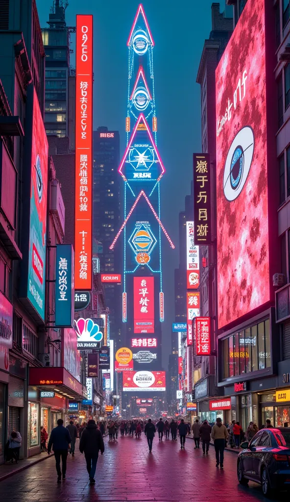 A hidden code in the modern world: A collage of urban images with symbols highlighted in neon (pyramids, eyes, stars, cubes) integrated in a subtle but revealing way in posters, architecture and banknotes.