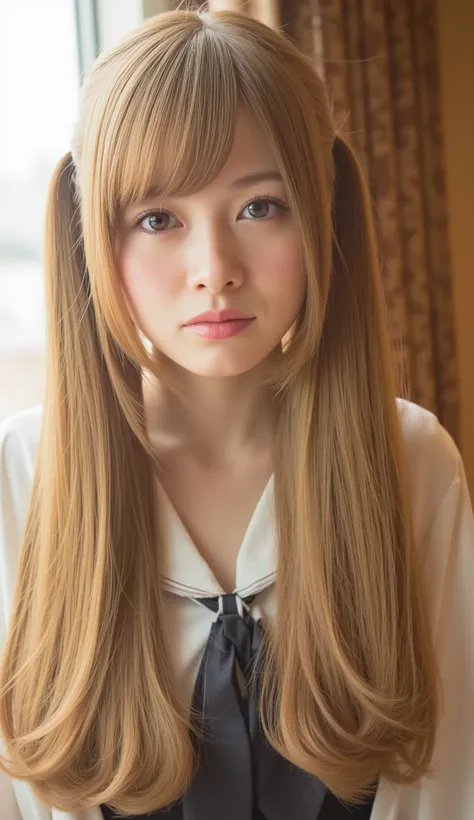 Silky Smooth Hair 、 his hairstyle is straight 、long hair that reaches the chest、 、miniskirt、(hairstyle with hair tied2Tied up hairstyle twin tails)、uniform、Long blonde hair with twin tails