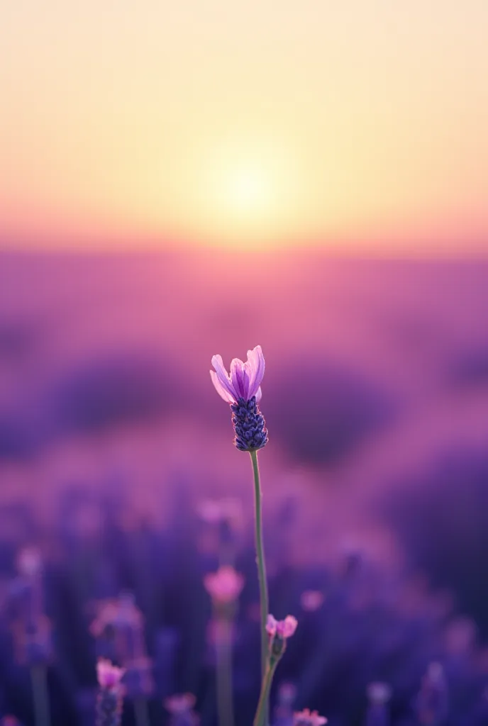 Sunrise in a lavender field and a lavender flower in the foreground being moved by the breeze.