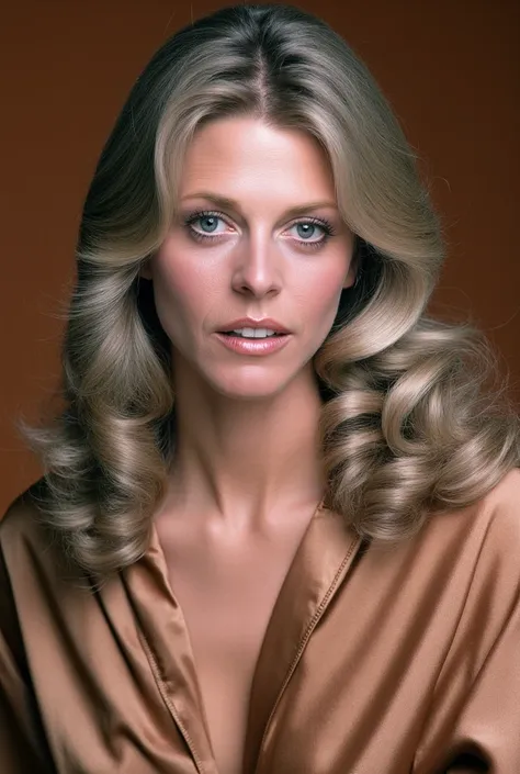 (Close up head shot portrait)Lindsay Wagner, The Bionic Woman wearin shiny satin shirt
