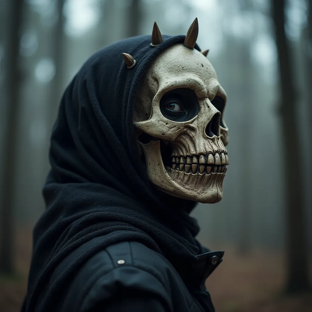 (Best Quality,high resolution,Masterpiece, side view:1.2),Ultra-detailed, close up portrait photography of a woman wearing a creepy skull mask with spikes, tribal, ultra detailed, uhd, eerie aesthetic, turning her head to the camera, in a forest during a c...