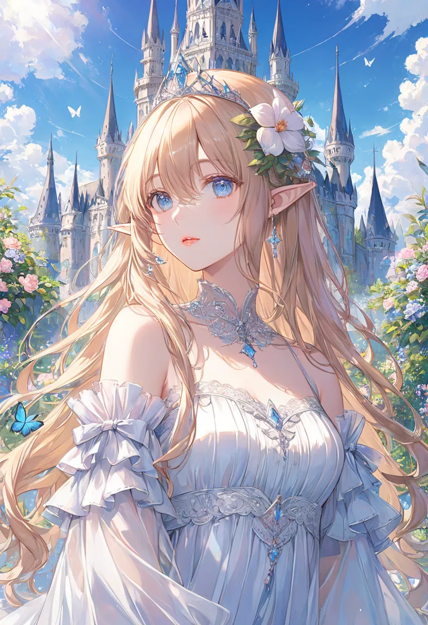 A breathtaking,ultra-high-resolution digital painting of a stunning elf girl,shown from the upper body,with only her upper torso visible. She has long,honey blonde,wavy soft,loose curls,between-eyes long bangs hair,expressive blue eyes,a high nose, soft pi...