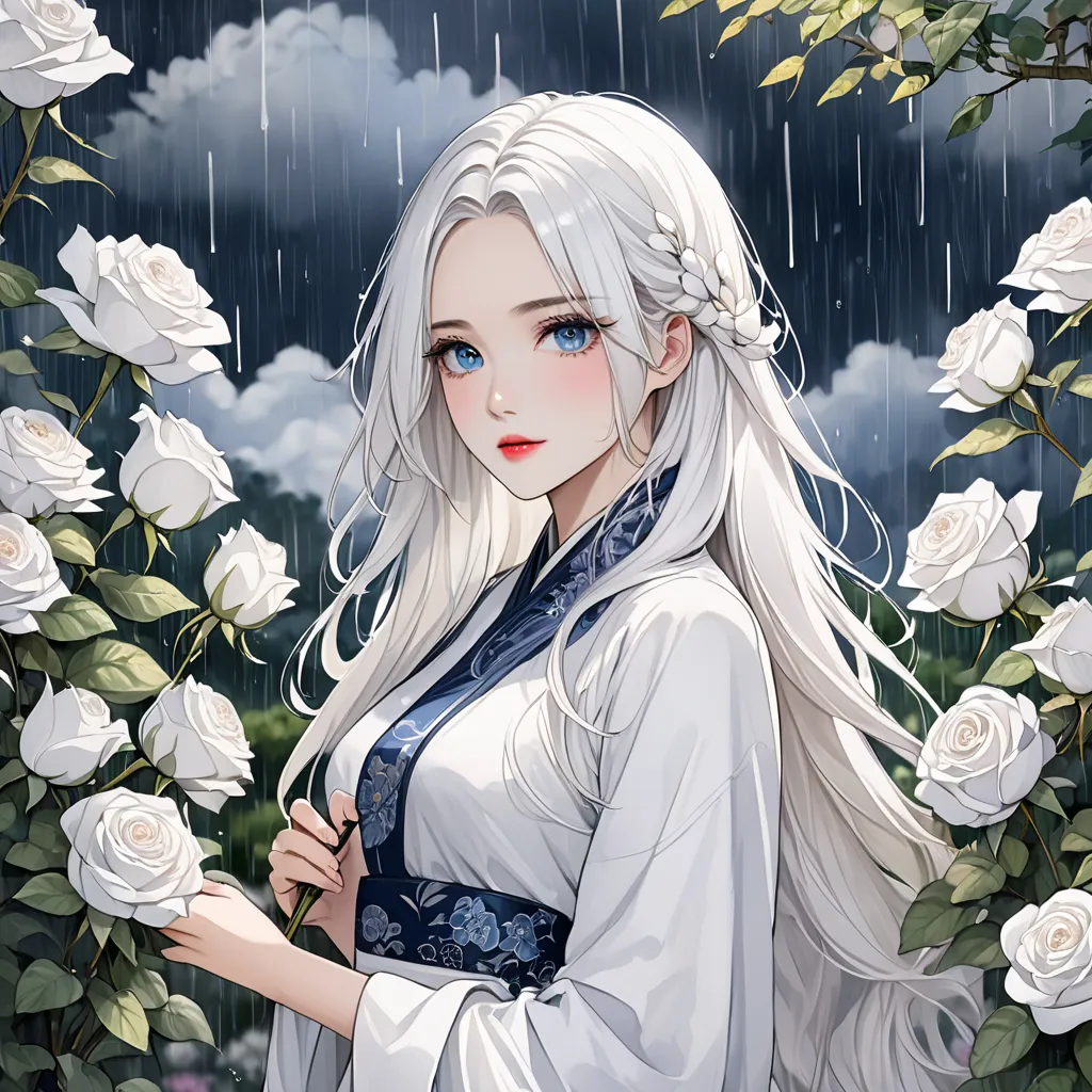  The combination of ink and watercolor painting、woman with beautiful oriental face、long glossy white hair 、has dark blue eyes, heavy rain sky, best quality、Masterpiece、white rose garden, white skirt background, Beautiful hands 