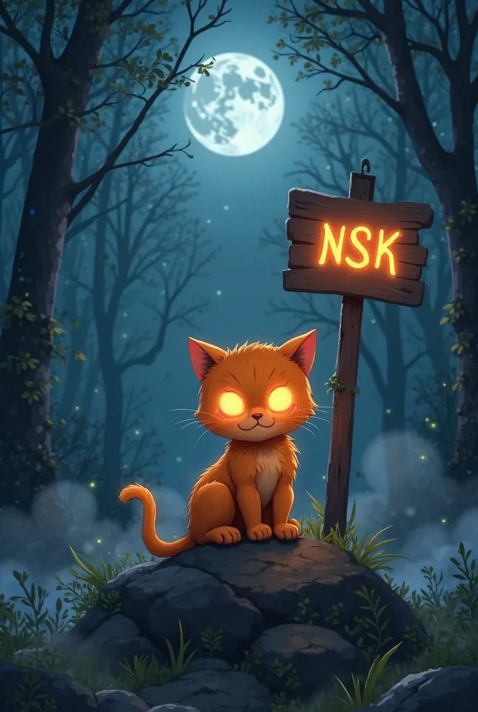 ."""A dark-themed fantasy style illustration of a cute pumpkin with glowing eyes, Ifudo on a mysterious rock in the moonlight forest々I'm sitting with , Wrapped in soft fog. The cat has smooth fur with a magical glow, And the background is a sign with NSK w...