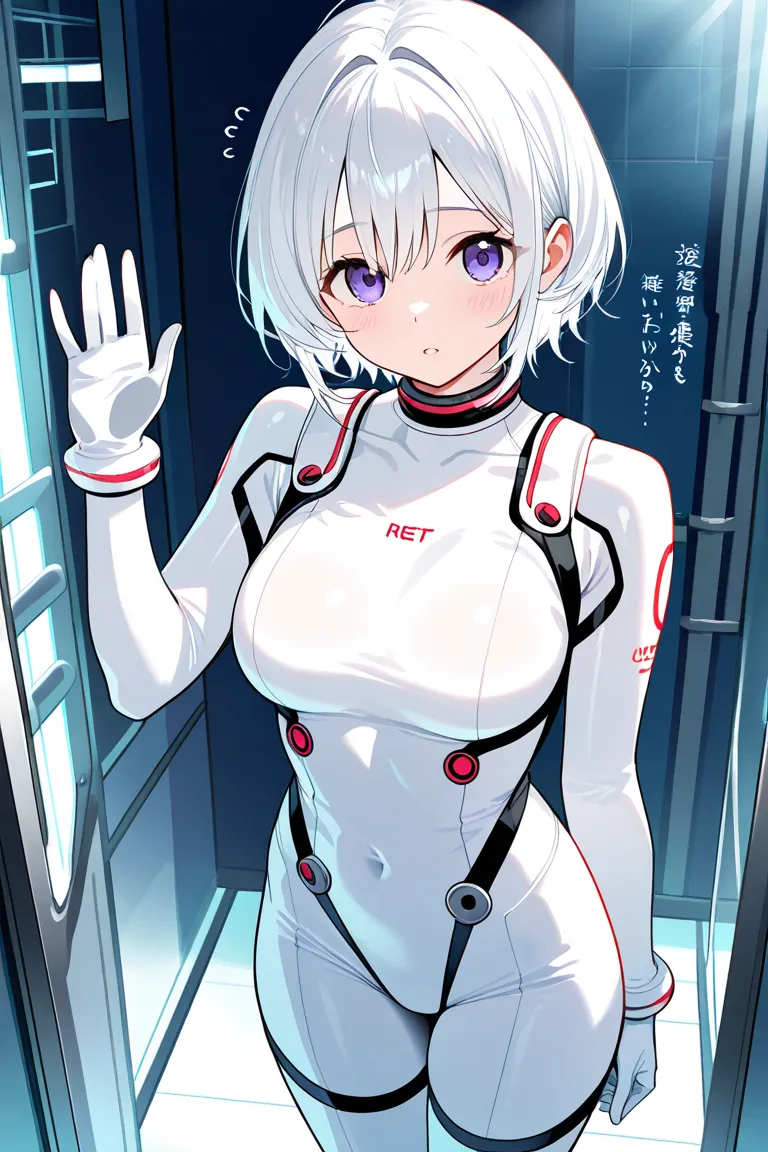 1girl, solo, White hair, short hair, female,White Test subject suit ,masterpiece, best quality, laboratory, very aesthetic, Behind the glass wall, An anxious face 