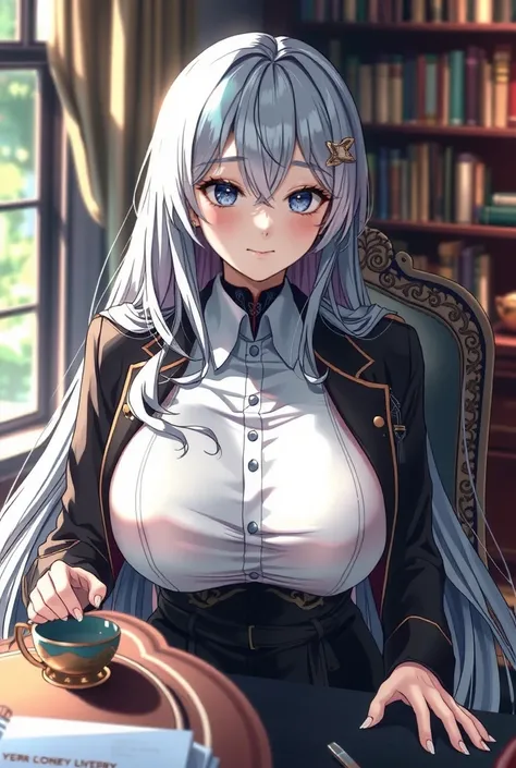 masterpiece;  image of an anime girl ,  Aristocrat , long hair, silver hair, big breasts, black skirt, , blue eyes, Best quality white shirt dress, Black blazer. She is sitting at a desk