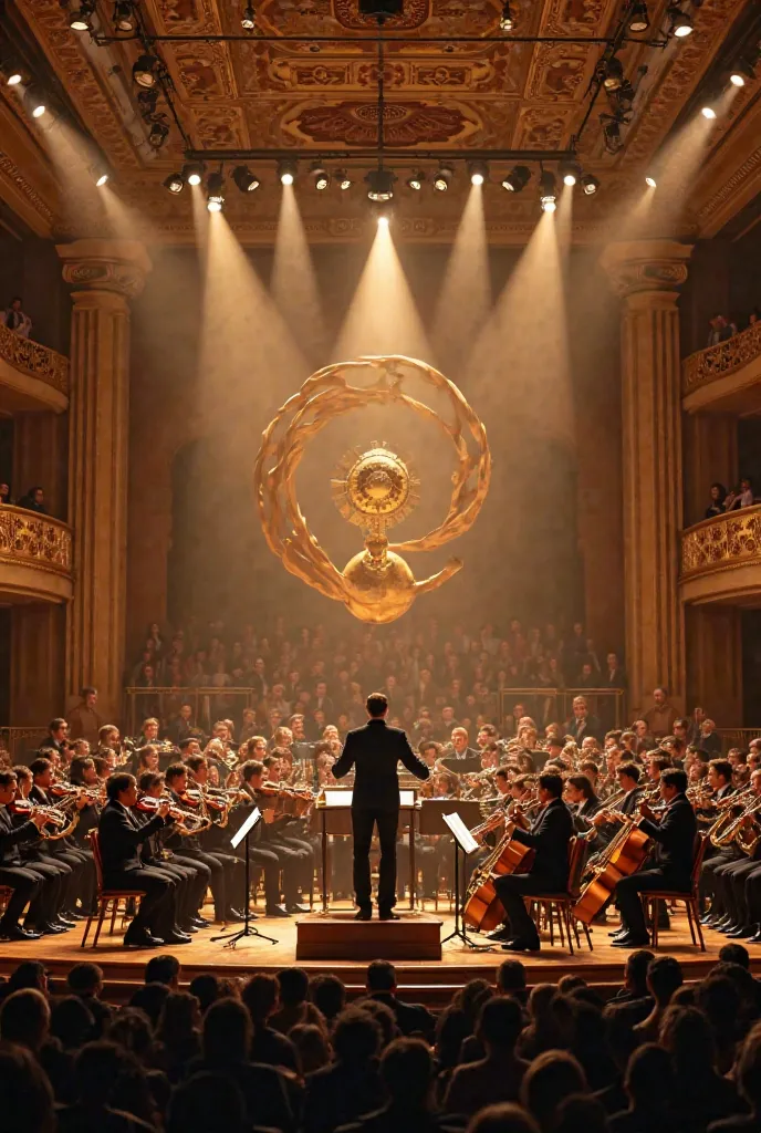 A brass band in a concert hall with an album on behalf of the audience