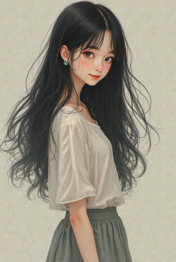 An  black-haired girl with a small smile showing her full body in the image