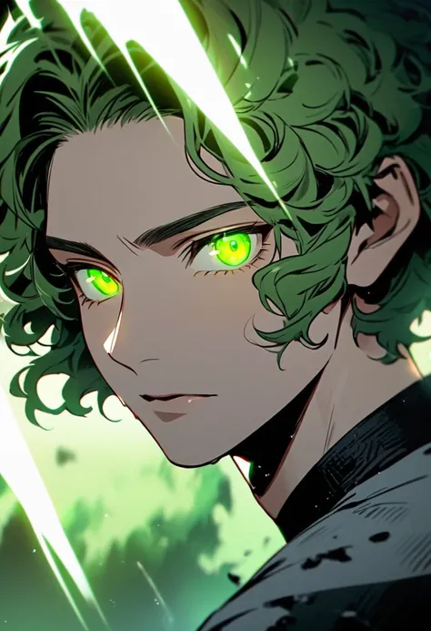 male, solo, handsome, green hair, green eyes, glowing eyes, macro picture, curly hair, short hair, short hair, beautiful eyes, beautiful color, high detail, aura