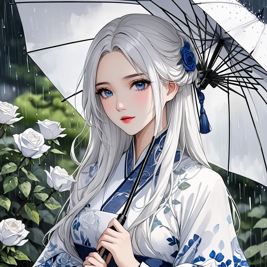  The combination of ink and watercolor painting、woman with beautiful oriental face、long glossy white hair 、has dark blue eyes, heavy rain sky, best quality、Masterpiece、white rose garden, white skirt background, Beautiful hands , rain umbrella