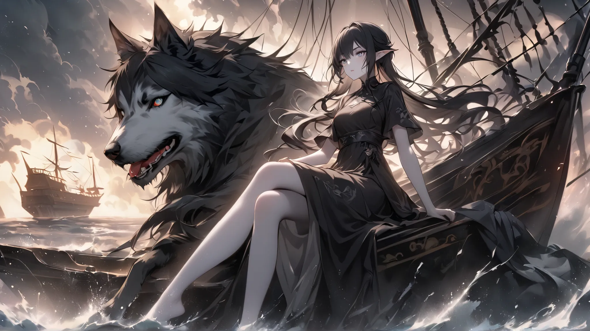 girl, a girl with white skin and black clothes, long black hair. At her feet or next to her sits a wolfhound. The girl, light eyes, with white hair, pointed ears. The world of Xinxia, ​​in a black tunic. There are storms, events happen, and they are on a s...