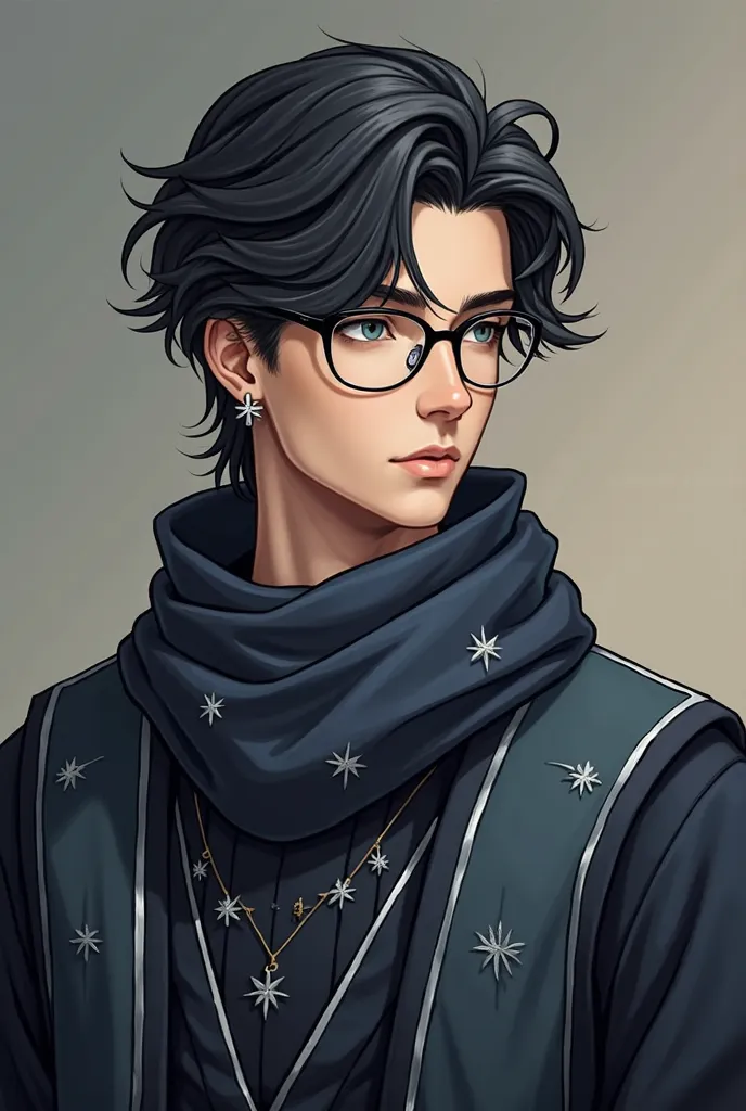 Prince Asterion, 18 years old,  exudes quiet intellect, with neatly kept dark hair, silver-gray eyes, and signature silver-rimmed glasses.  He has a subtle star shaped earring. He wears tailored navy and charcoal robes adorned with subtle star embroidery, ...