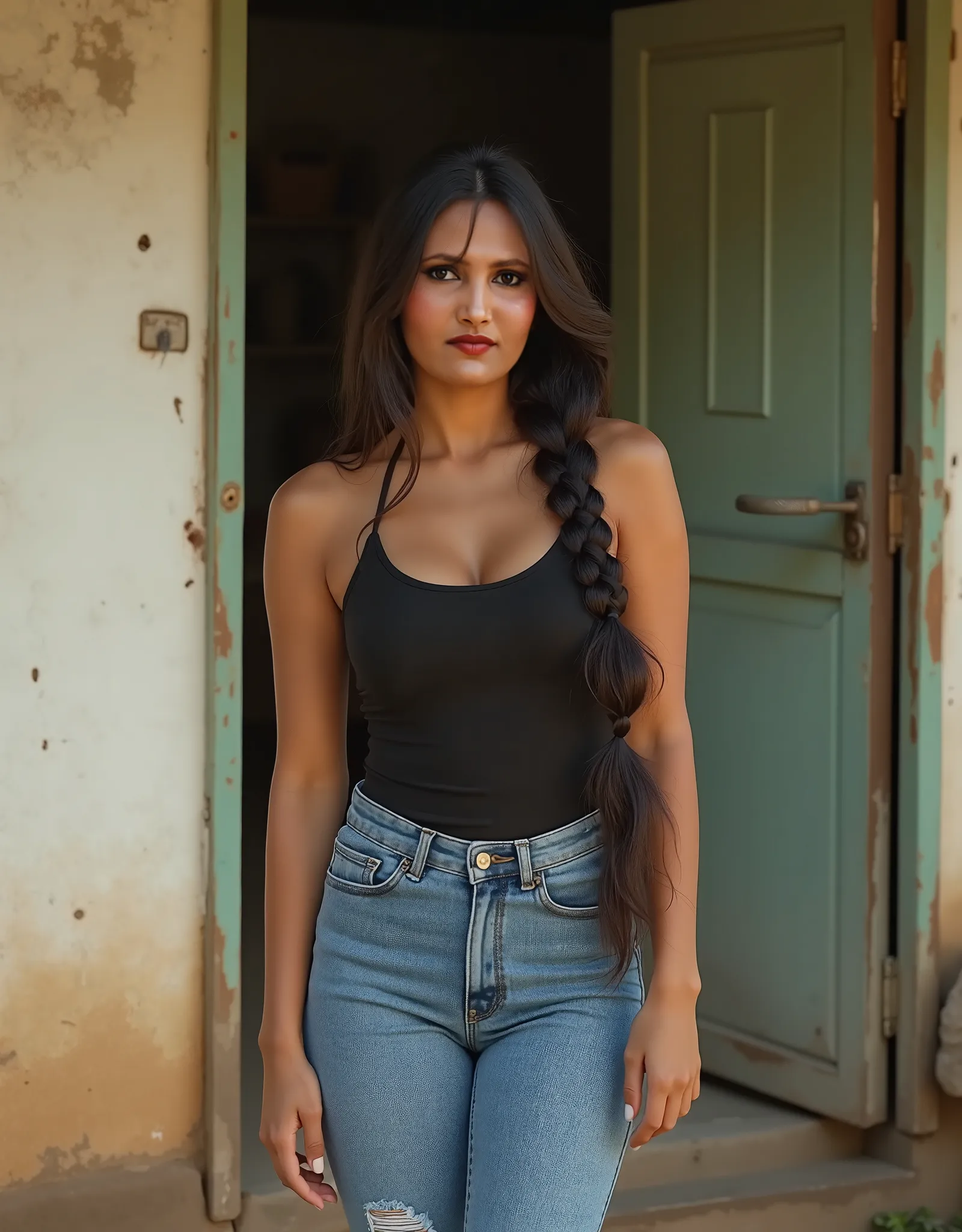 A BEAUTIFUL PUNJABI GIRL, WEARING BLACK TANK TOP, AND BLUE JEANS, WHITE SNIKERS, breast size 38d ,AT FARM HOUSE, ON wall, side braid, single braid, UHD, masterpiece, accurate, textured skin, high quality, highres, 16k
