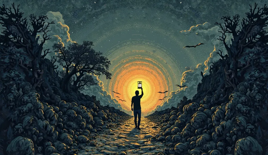 A person holds a glowing lantern in a dark landscape, illuminating the path for others who follow behind. Their own journey has revealed truths meant to be shared, lighting the way for those still searching. The surreal digital illustration is done in a wo...