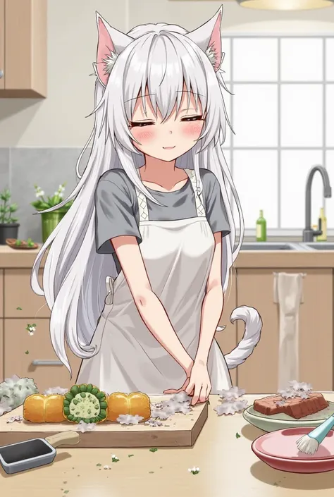 Before cooking, the cat girl is busy doing house chores. She is seen sweeping the floor, washing dishes, and arranging kitchen items before preparing the meal. Her long white hair flows gracefully as she works, and she wears a focused yet content expressio...