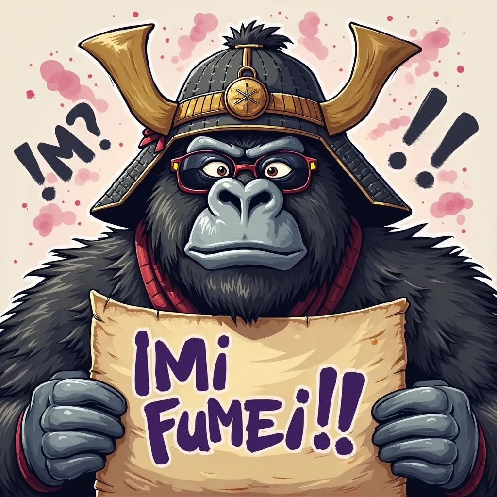 11. "Imi-Fumei!!"
A perplexed samurai gorilla holding an ancient scroll upside down, his brows furrowed in deep confusion. His sunglasses are pushed up onto his forehead, revealing his bewildered eyes. His kabuto helmet is slightly tilted, adding to the hu...